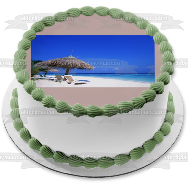 Paisaje de playa, arena, océano y sillas de playa, decoración comestible para tarta, imagen ABPID05558 