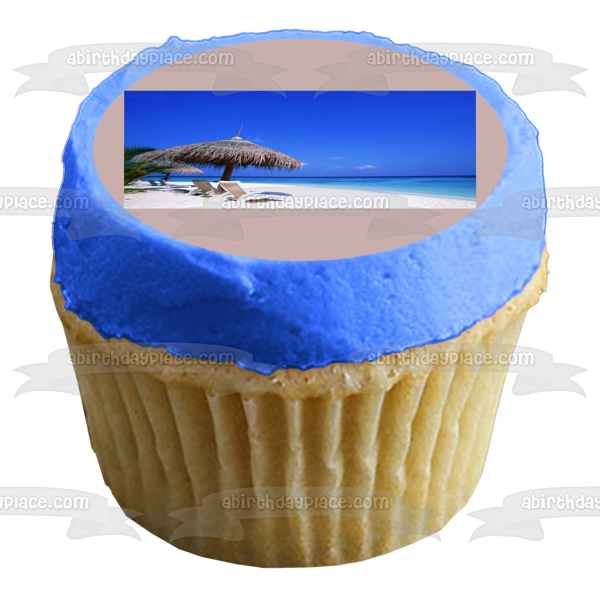 Paisaje de playa, arena, océano y sillas de playa, decoración comestible para tarta, imagen ABPID05558 