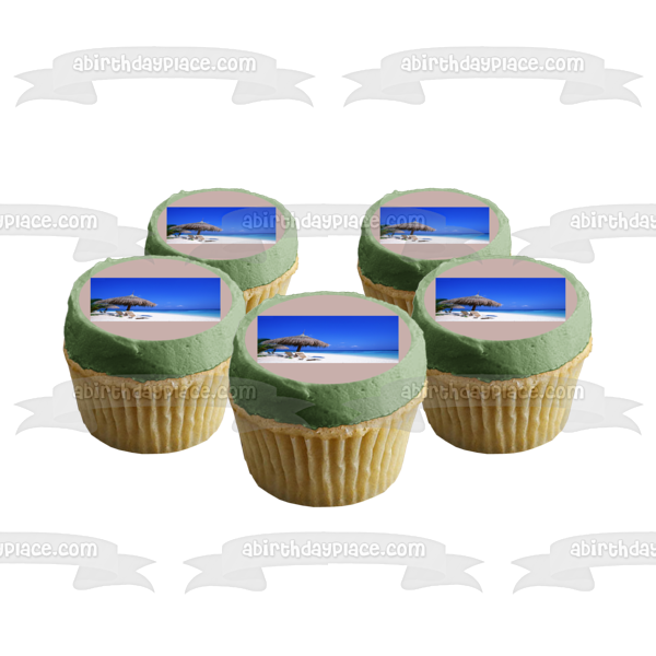 Paisaje de playa, arena, océano y sillas de playa, decoración comestible para tarta, imagen ABPID05558 