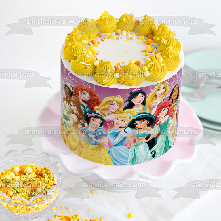 Princesses Cinderella Belle Ariel Snow White Jasmine Aurora Mulan Pocahontas Merida and Tiana Edible Cake Topper Image ABPID05566