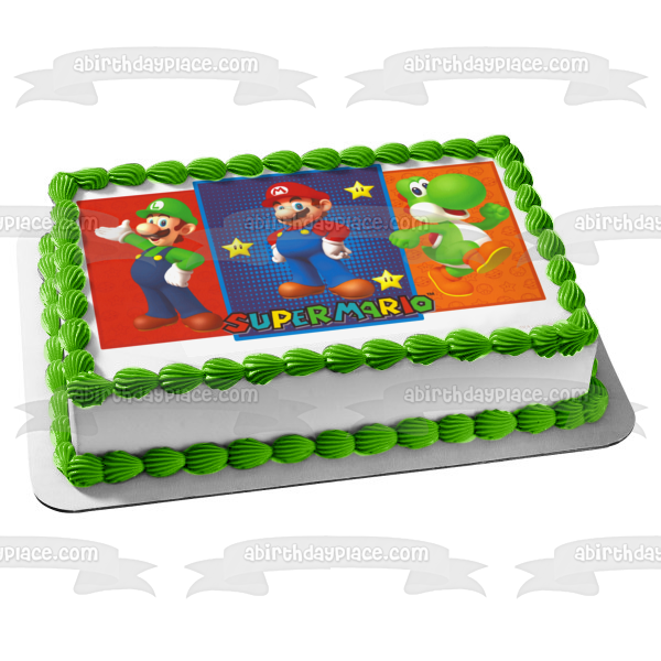 Imagen comestible para tarta de Super Mario Brothers Luigi Yoshi y estrellas ABPID05569 