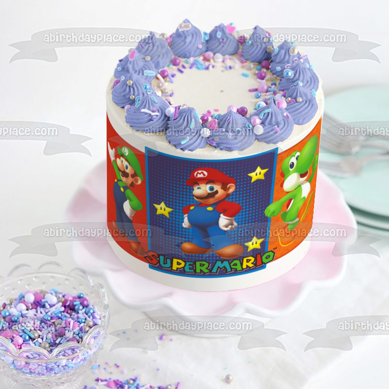 Imagen comestible para tarta de Super Mario Brothers Luigi Yoshi y estrellas ABPID05569 