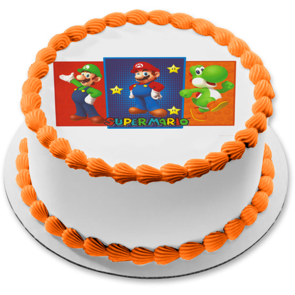 Imagen comestible para tarta de Super Mario Brothers Luigi Yoshi y estrellas ABPID05569 