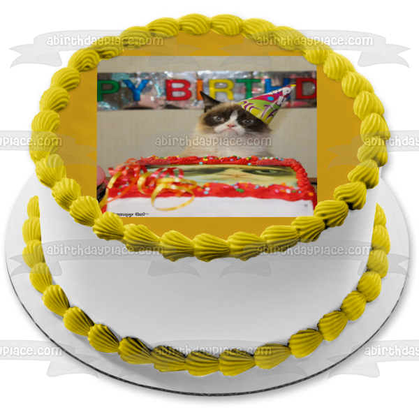 Feliz cumpleaños, gato gruñón y un cartel, adorno comestible para tarta, imagen ABPID05461 