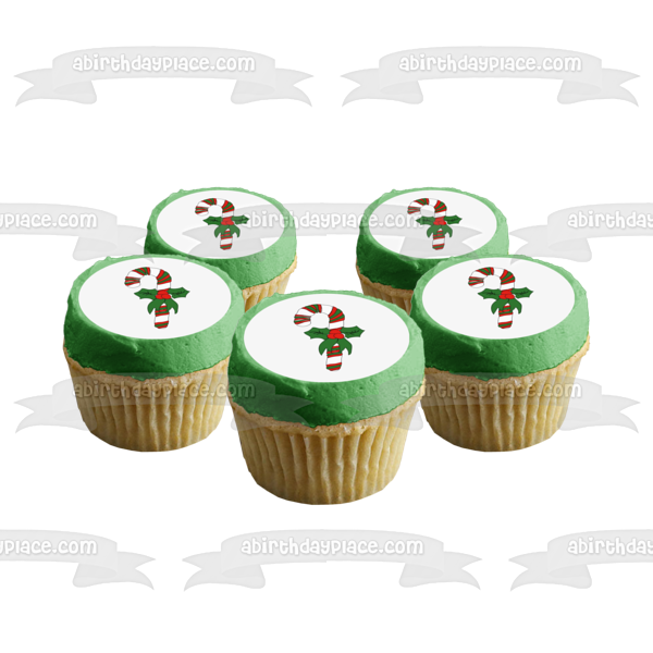 Merry Christmas Candy Cane and a Bow with Mistletoe Edible Cake Topper Image ABPID05658