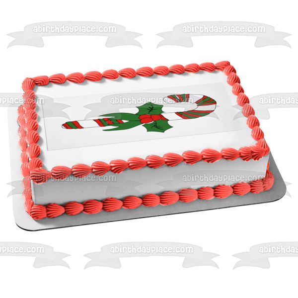 Merry Christmas Candy Cane and a Bow with Mistletoe Edible Cake Topper Image ABPID05658