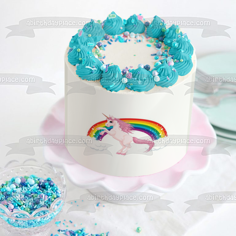 Adorno comestible para tarta con diseño de unicornio rosa, arcoíris y nubes, imagen ABPID05728 