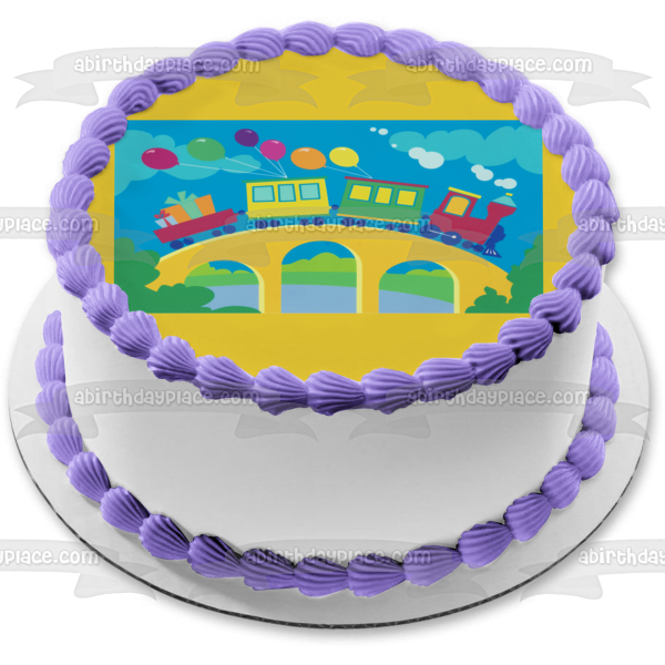 Feliz cumpleaños Trenes Globos Nubes y árboles Adorno comestible para tarta Imagen ABPID05690 