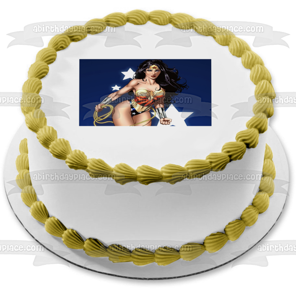 Adorno comestible para tarta con fondo azul y estrellas de Wonder Woman, imagen ABPID05816 