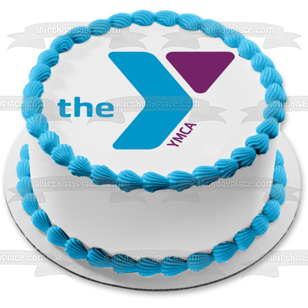 Imagen comestible para decoración de tarta con el logotipo de Ymca, color morado y azul, ABPID05832 