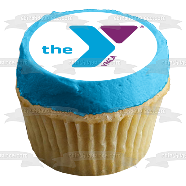 Imagen comestible para decoración de tarta con el logotipo de Ymca, color morado y azul, ABPID05832 