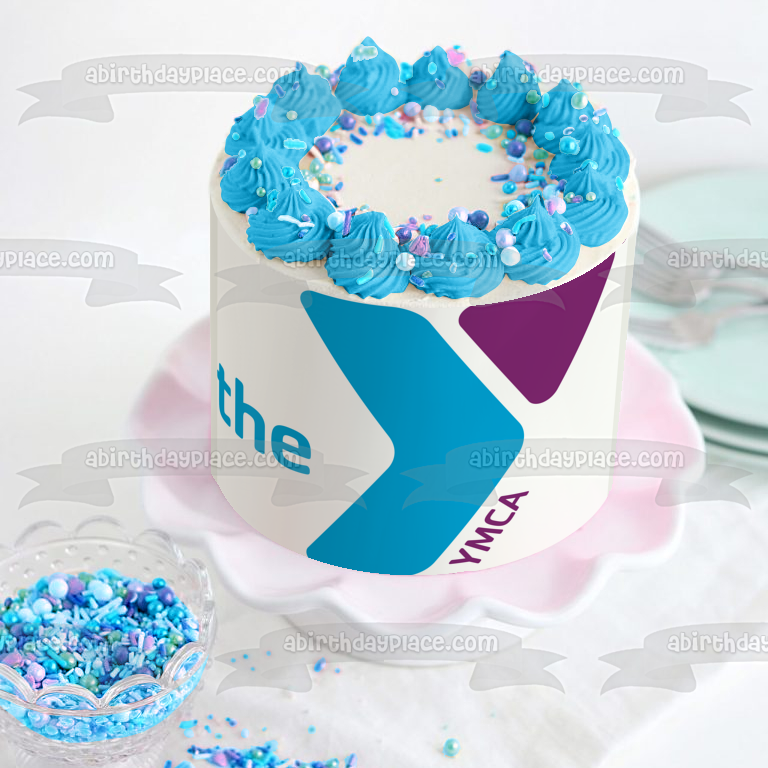 Imagen comestible para decoración de tarta con el logotipo de Ymca, color morado y azul, ABPID05832 