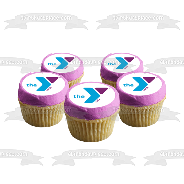 Imagen comestible para decoración de tarta con el logotipo de Ymca, color morado y azul, ABPID05832 