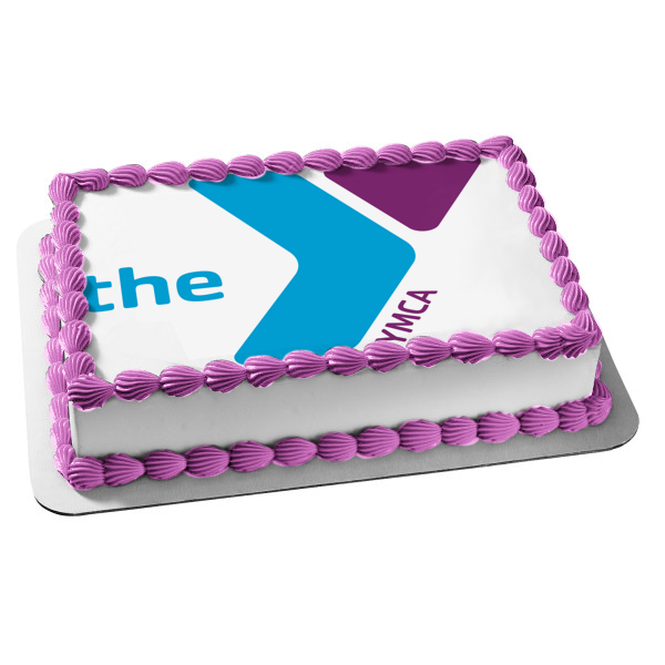 Imagen comestible para decoración de tarta con el logotipo de Ymca, color morado y azul, ABPID05832 