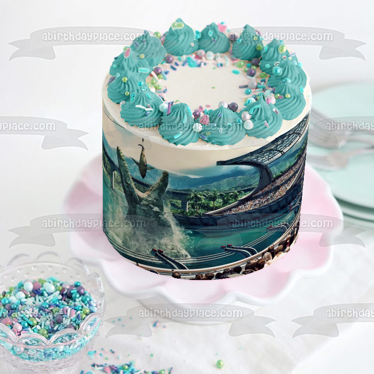 Jurassic World Water Dinosaur and a Shark Edible Cake Topper Image ABPID05833