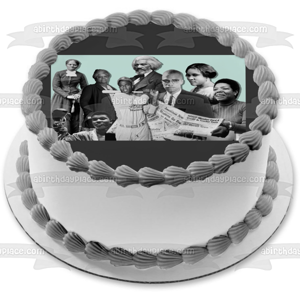 Feliz Mes de la Historia Negra Malcom X Muhammed Ali Frederick Douglass Señora CJ Walker Harriet Tubman Jackie Robinson Imagen comestible para decoración de tarta ABPID55214 