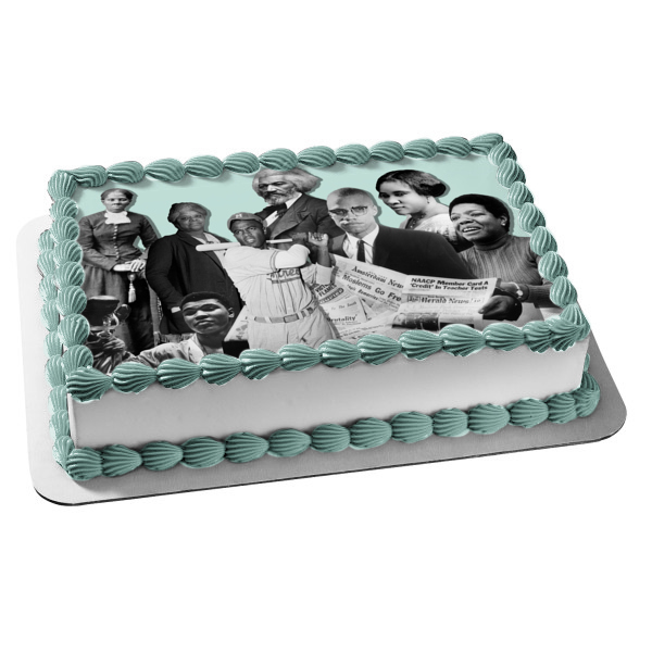 Feliz Mes de la Historia Negra Malcom X Muhammed Ali Frederick Douglass Señora CJ Walker Harriet Tubman Jackie Robinson Imagen comestible para decoración de tarta ABPID55214 