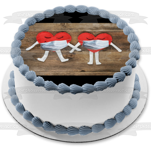 Happy Valentine's Day with Hearts Wearing Face Masks Edible Cake Topper Image ABPID55229