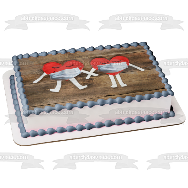 Happy Valentine's Day with Hearts Wearing Face Masks Edible Cake Topper Image ABPID55229