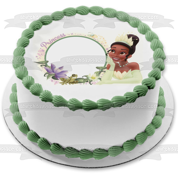 Marco de imagen comestible para decoración de tarta con flores y una rana de la princesa Tiana ABPID05923 