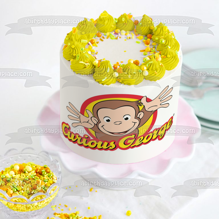 Curious George Logo Waving Red with a Yellow Background Edible Cake Topper Image ABPID05983