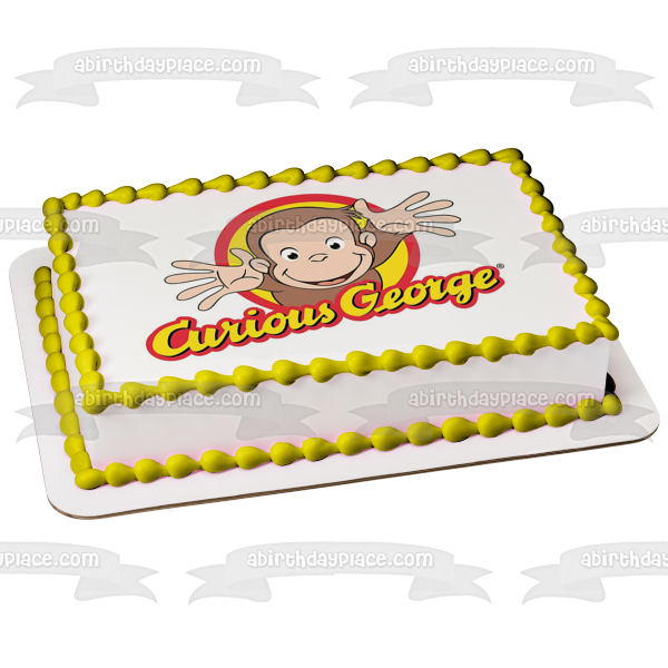 Curious George Logo Waving Red with a Yellow Background Edible Cake Topper Image ABPID05983