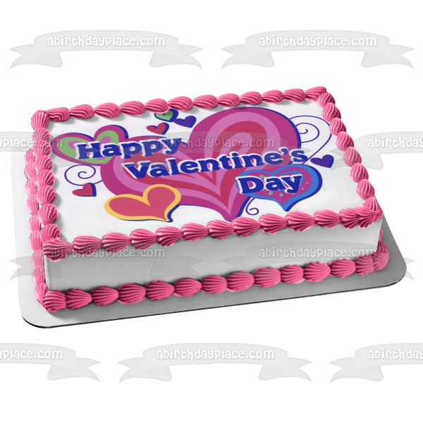 Happy Valentine's Day Hearts Edible Cake Topper Image ABPID05988