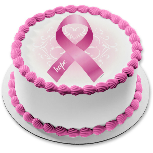 Imagen de decoración comestible para tarta con lazo rosa de concientización sobre el cáncer de mama ABPID06142 