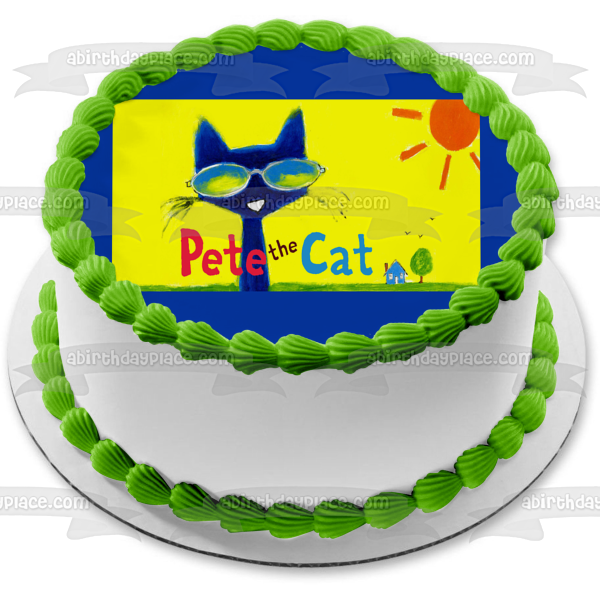 Pete the Cat Cartoon Sunglasses Sun and a House Edible Cake Topper Image ABPID06343