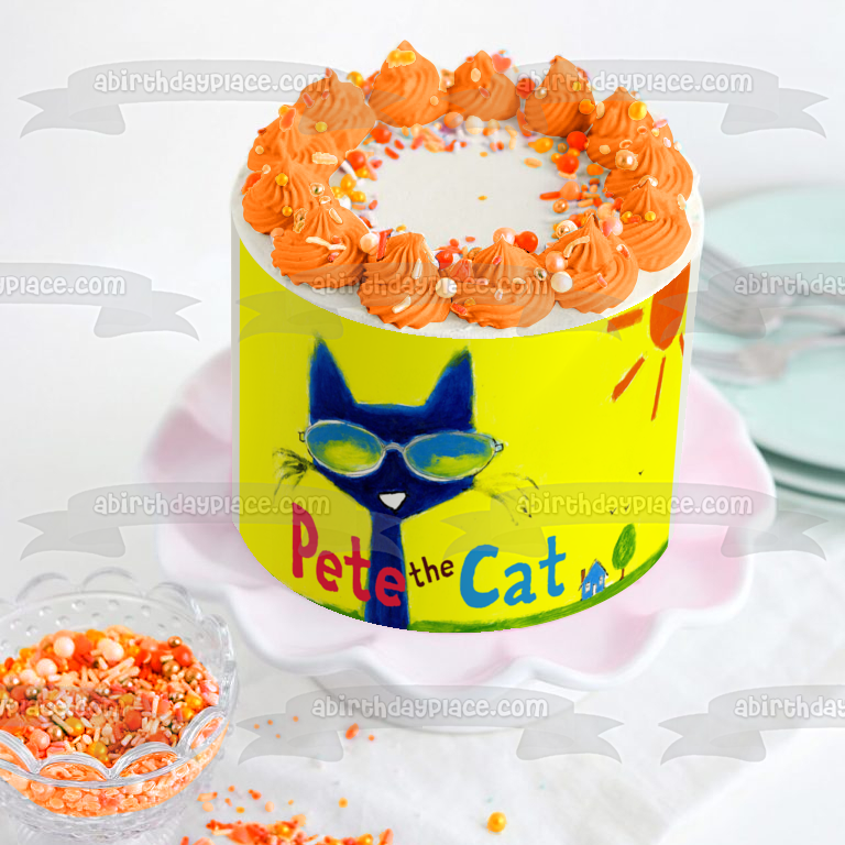 Pete the Cat Cartoon Sunglasses Sun and a House Edible Cake Topper Image ABPID06343