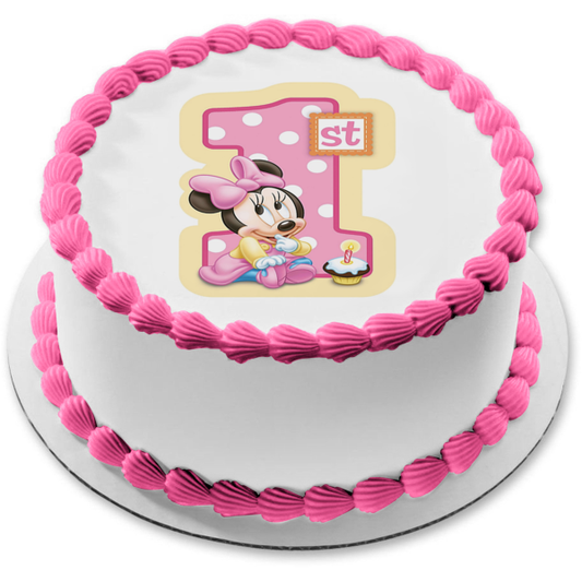 Baby Minnie Mouse Happy 1st Birthday Edible Cake Topper Image ABPID06241