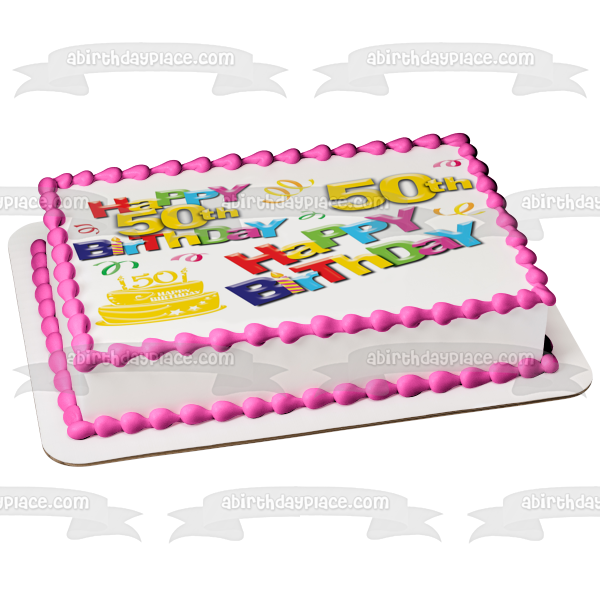 Happy 50th Birthday Cake and Streamers Edible Cake Topper Image ABPID06243