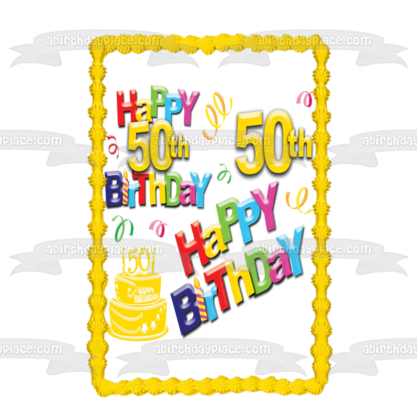 Happy 50th Birthday Cake and Streamers Edible Cake Topper Image ABPID06243