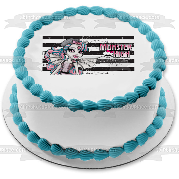 Monster High Logo Rochelle Rayas blancas y negras Adorno comestible para tarta Imagen ABPID06432 