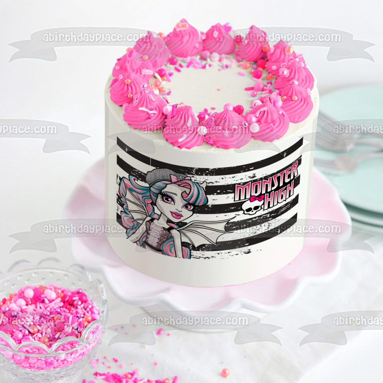 Monster High Logo Rochelle Rayas blancas y negras Adorno comestible para tarta Imagen ABPID06432 