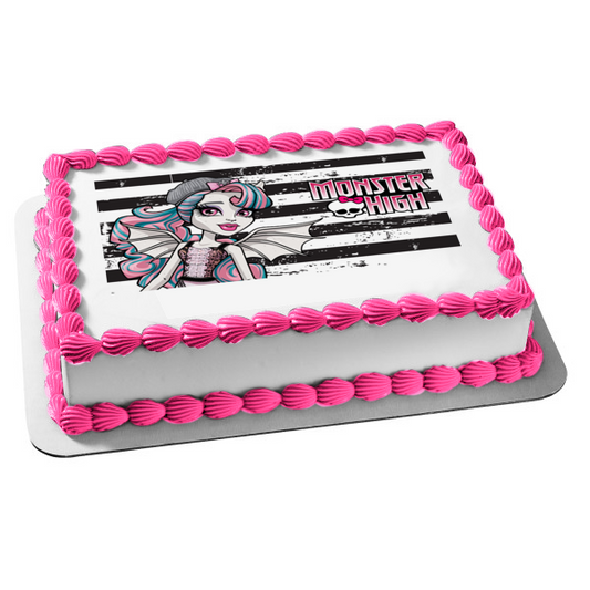 Monster High Logo Rochelle Rayas blancas y negras Adorno comestible para tarta Imagen ABPID06432 