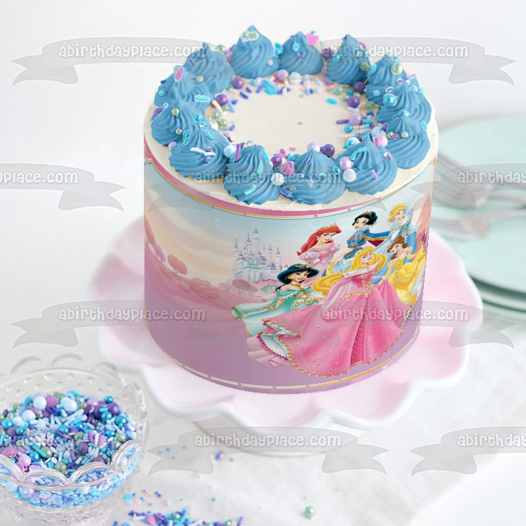 Princesas Aurora Jasmine Bella Cenicienta Ariel Blancanieves y un castillo Adorno comestible para tarta Imagen ABPID06454 