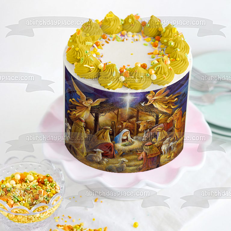 Adorno comestible para tarta con diseño del Santo Belén, Niño Jesús, Reyes Magos, María y José, imagen ABPID06289 