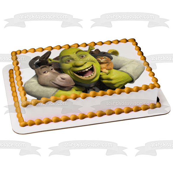 Shrek burro y el gato con botas abrazando imagen comestible para decoración de tarta ABPID06600 