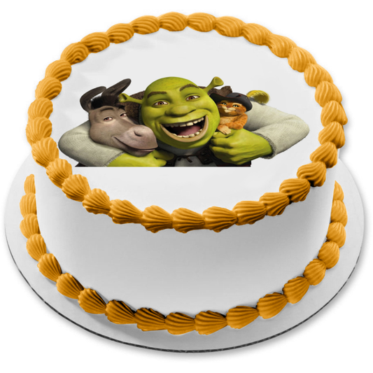 Shrek burro y el gato con botas abrazando imagen comestible para decoración de tarta ABPID06600 