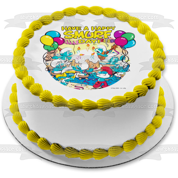 Feliz cumpleaños, los pitufos, que tengan un feliz día de los pitufos, Pitufina y papá pitufo, decoración comestible para tarta, imagen ABPID06510 