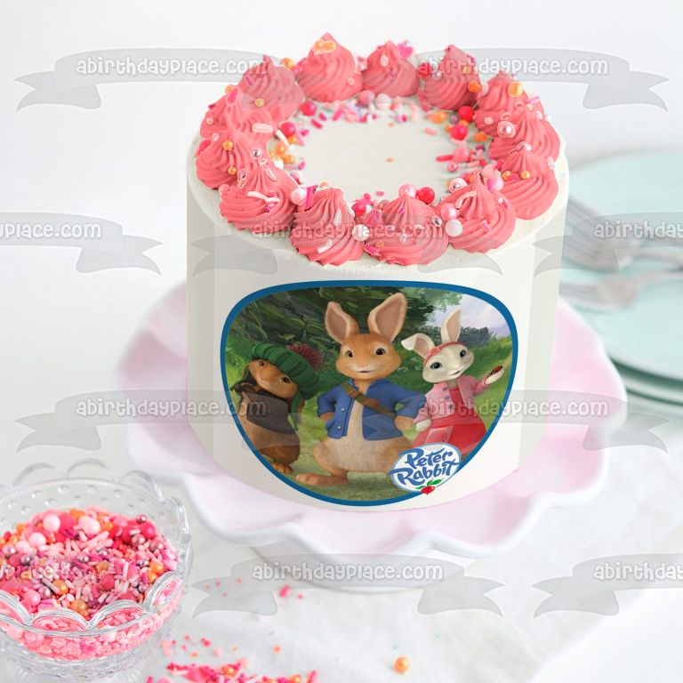 Peter Rabbit Logo Benjamin Bunny y Lily Bobtail Adorno comestible para tarta Imagen ABPID06606 