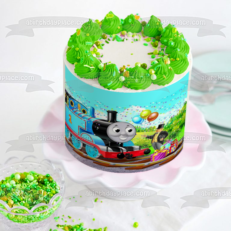 Thomas and Friends Thomas the Tank Engine Happy Birthday Balloons Presents and Confetti Edible Cake Topper Image ABPID06611