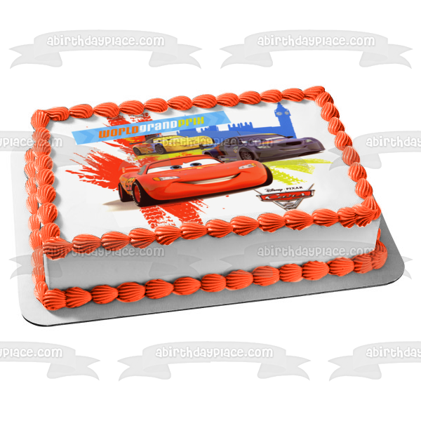 Cars 2 World Grand Prix Lightening McQueen Max Schnell and Miguel Camino Edible Cake Topper Image ABPID06537