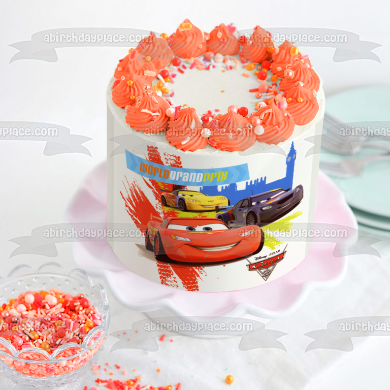 Cars 2 World Grand Prix Lightening McQueen Max Schnell and Miguel Camino Edible Cake Topper Image ABPID06537