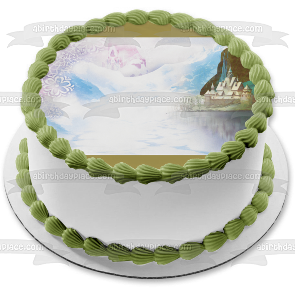 Fondo congelado, copos de nieve, castillo y montañas, decoración comestible para tarta, imagen ABPID06622 