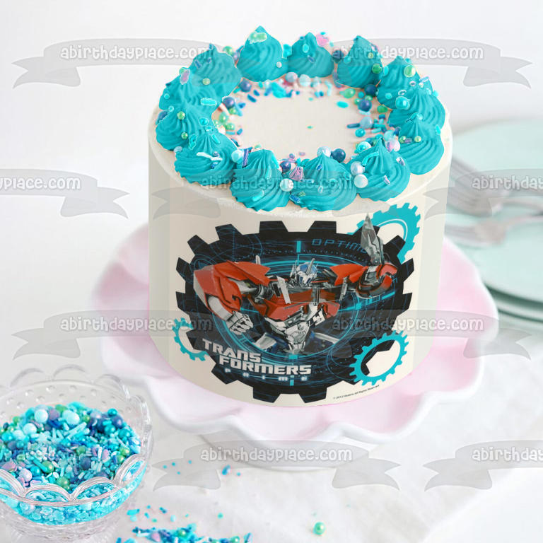 Transformers Optimus Prime Ion Blaster with an Assorted Gears Background Edible Cake Topper Image ABPID06659