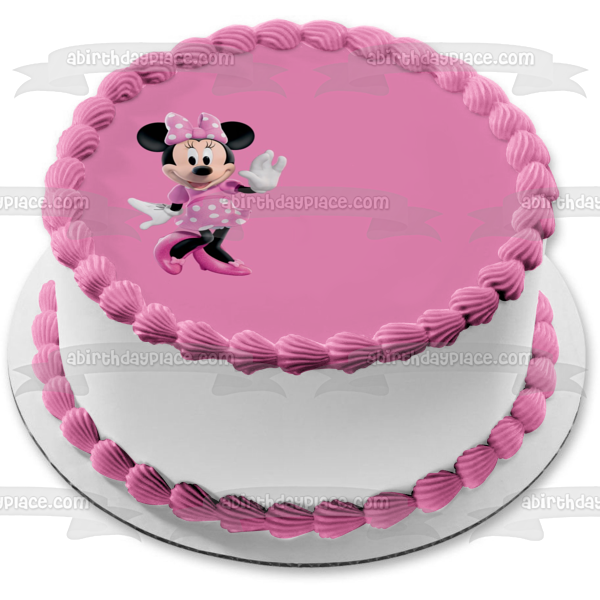 Adorno comestible para tarta con lazo rosa y fondo rosa de Minnie Mouse, imagen ABPID06583 