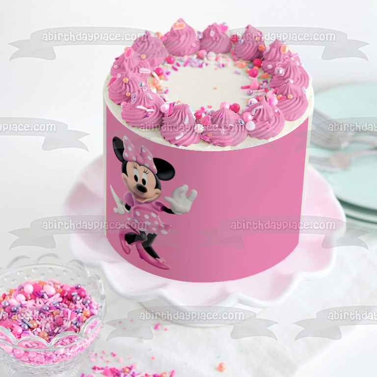 Adorno comestible para tarta con lazo rosa y fondo rosa de Minnie Mouse, imagen ABPID06583 