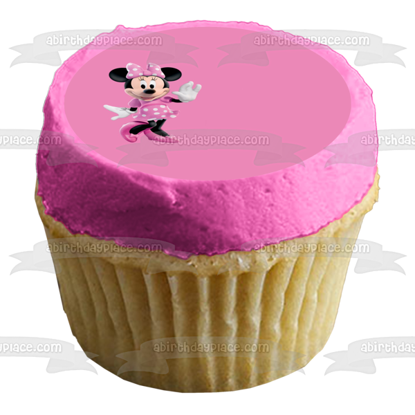 Adorno comestible para tarta con lazo rosa y fondo rosa de Minnie Mouse, imagen ABPID06583 